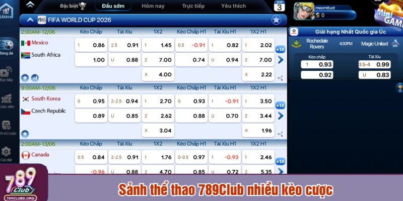 Sảnh thể thao 789Club nhiều kèo cược